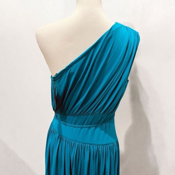Halston Idalia One Shoulder Ruched Midi Dress Stretch Cocktail Blue Teal 10 NWT - Picture 7 of 13